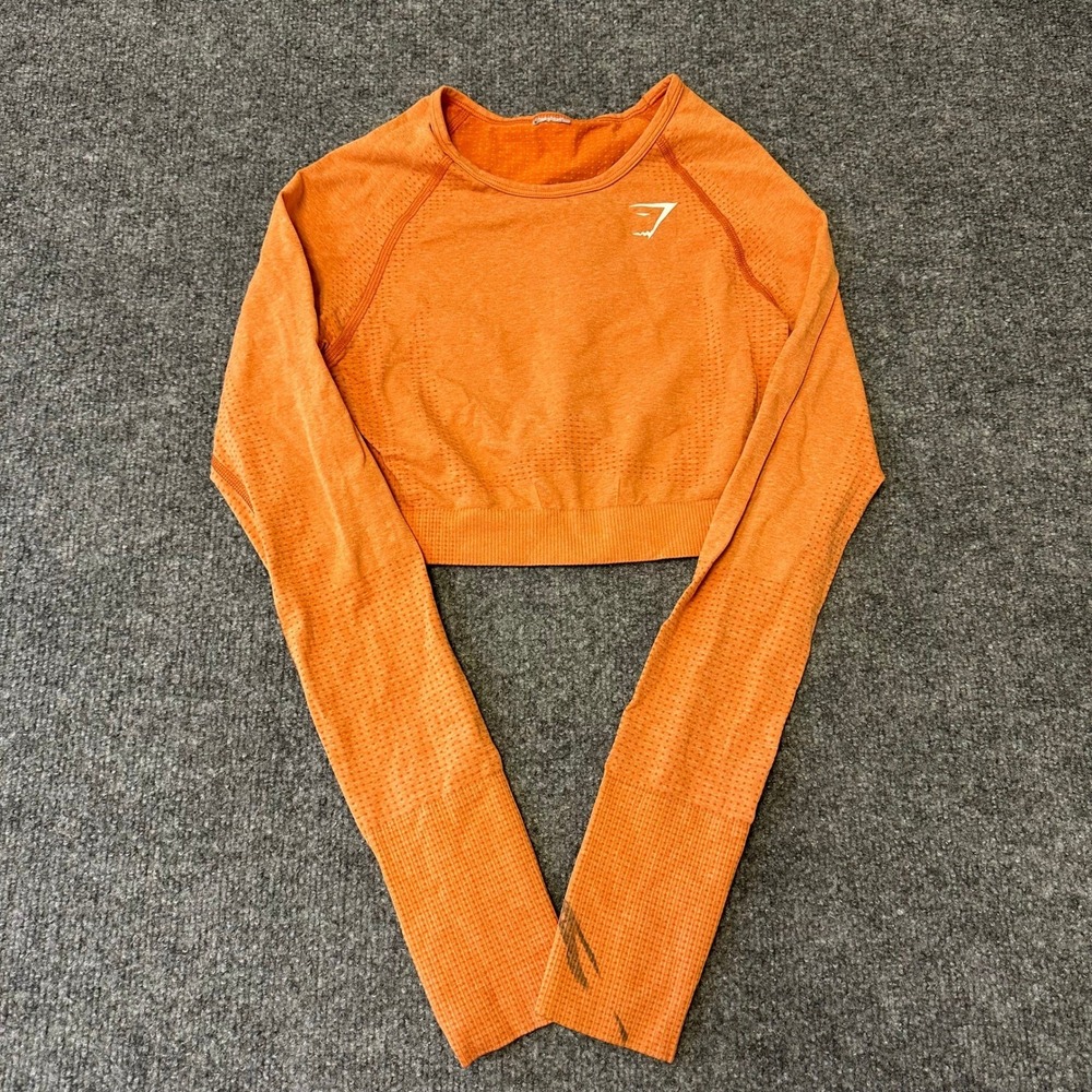 Gymshark Crop Top Womens Size S Orange Long Sleeve Seamless Vital Workout Shirt